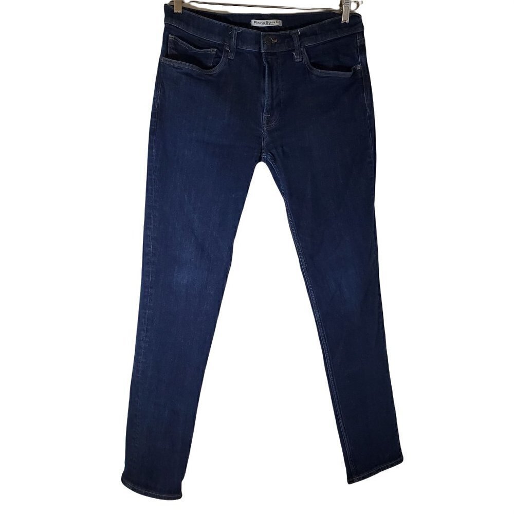 Rising Sun Co Slim Fit Jean Dark Wash Stretch Leather Patch Mid Rise Women 34